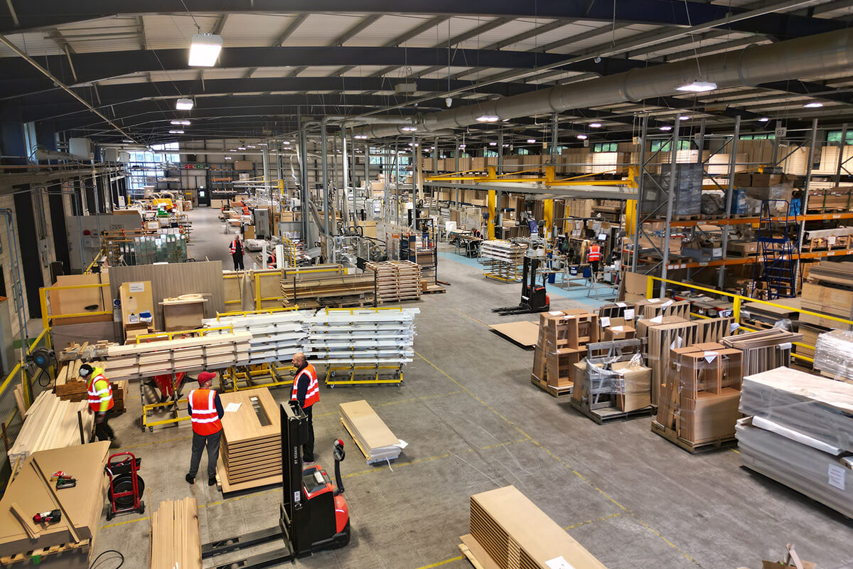 Morland advanced door and doorset manufacturing facility producing 2,000 units weekly Interior of Morland’s advanced UK manufacturing facility producing over 2,000 high-quality doors and doorsets each week with precision and efficiency.