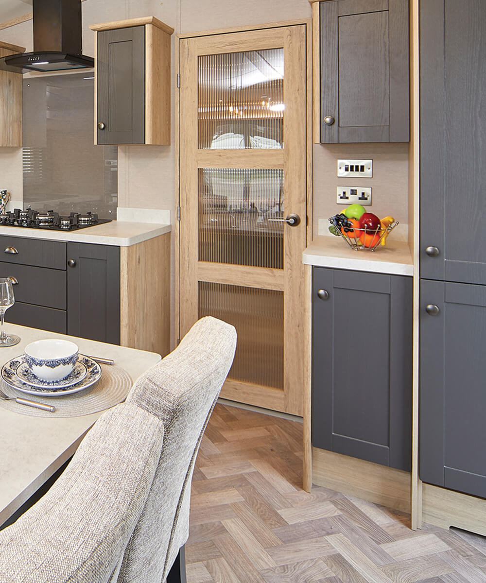 Modern kitchen interior featuring Morland’s M-Dor lightweight door with a honeycomb core construction, designed for strength, stability, and ease of installation in interior applications.